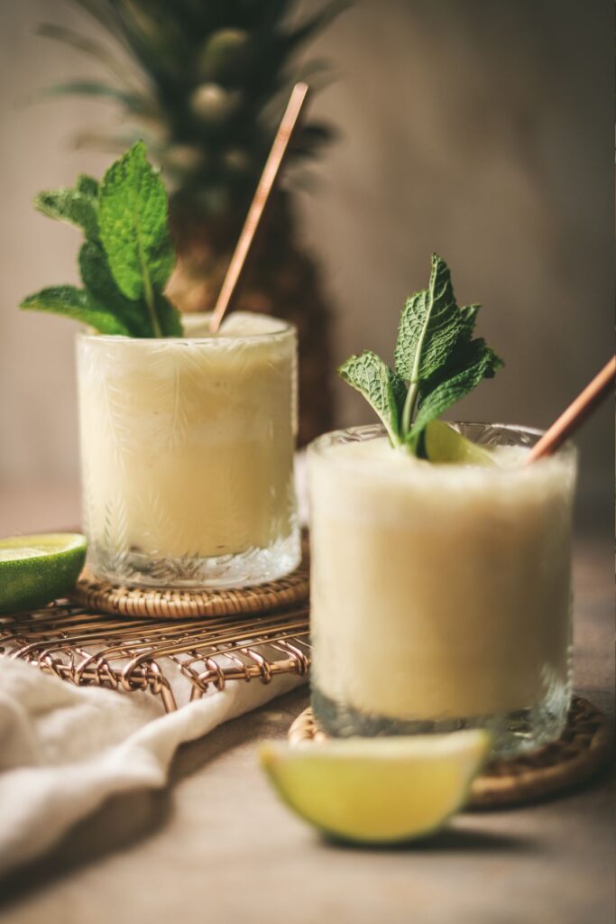Pina coladas with lime and mint.